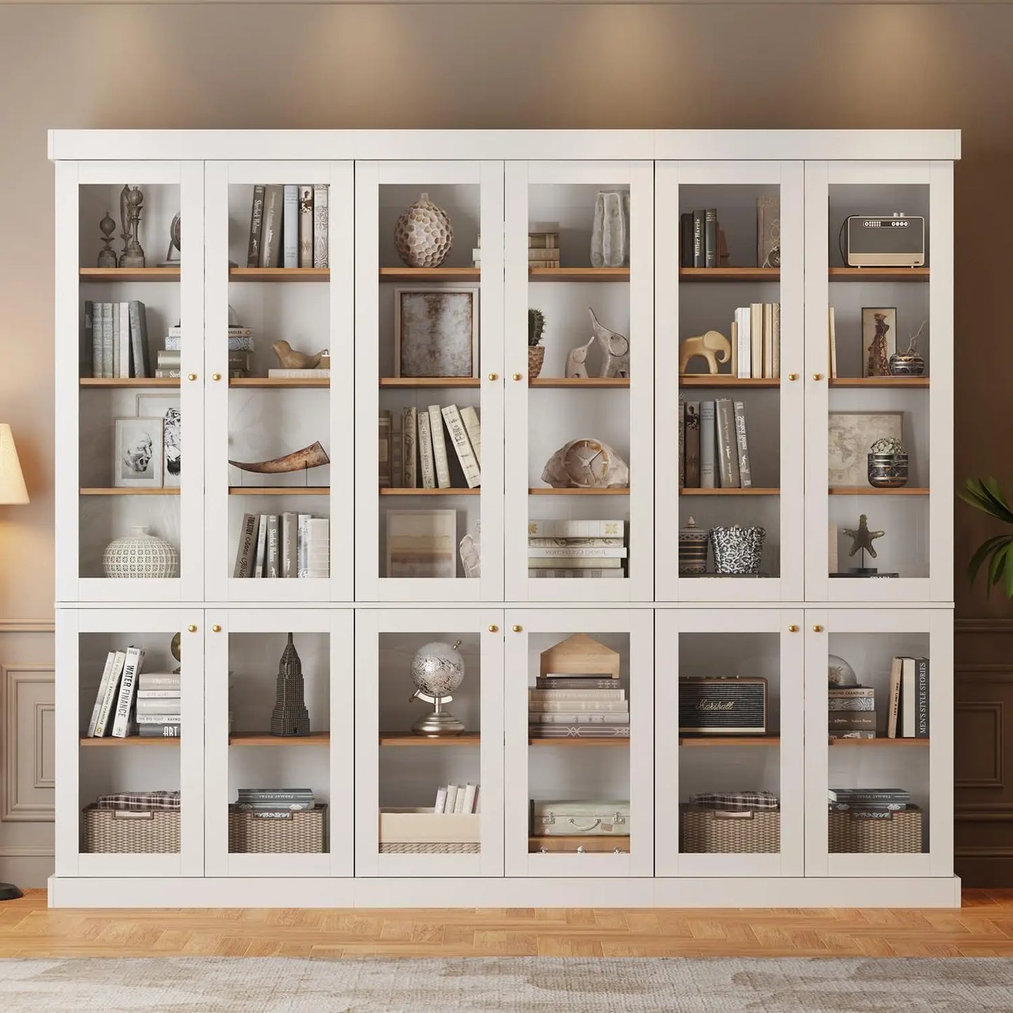 70.8" Bookshelf with Glass Doors, Farmhouse Modular Bookcase with 6-Tier Adjustable Shelves, Large Storage Cabinet, Customized