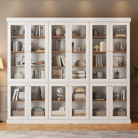70.8" Bookshelf with Glass Doors, Farmhouse Modular Bookcase with 6-Tier Adjustable Shelves, Large Storage Cabinet, Customized