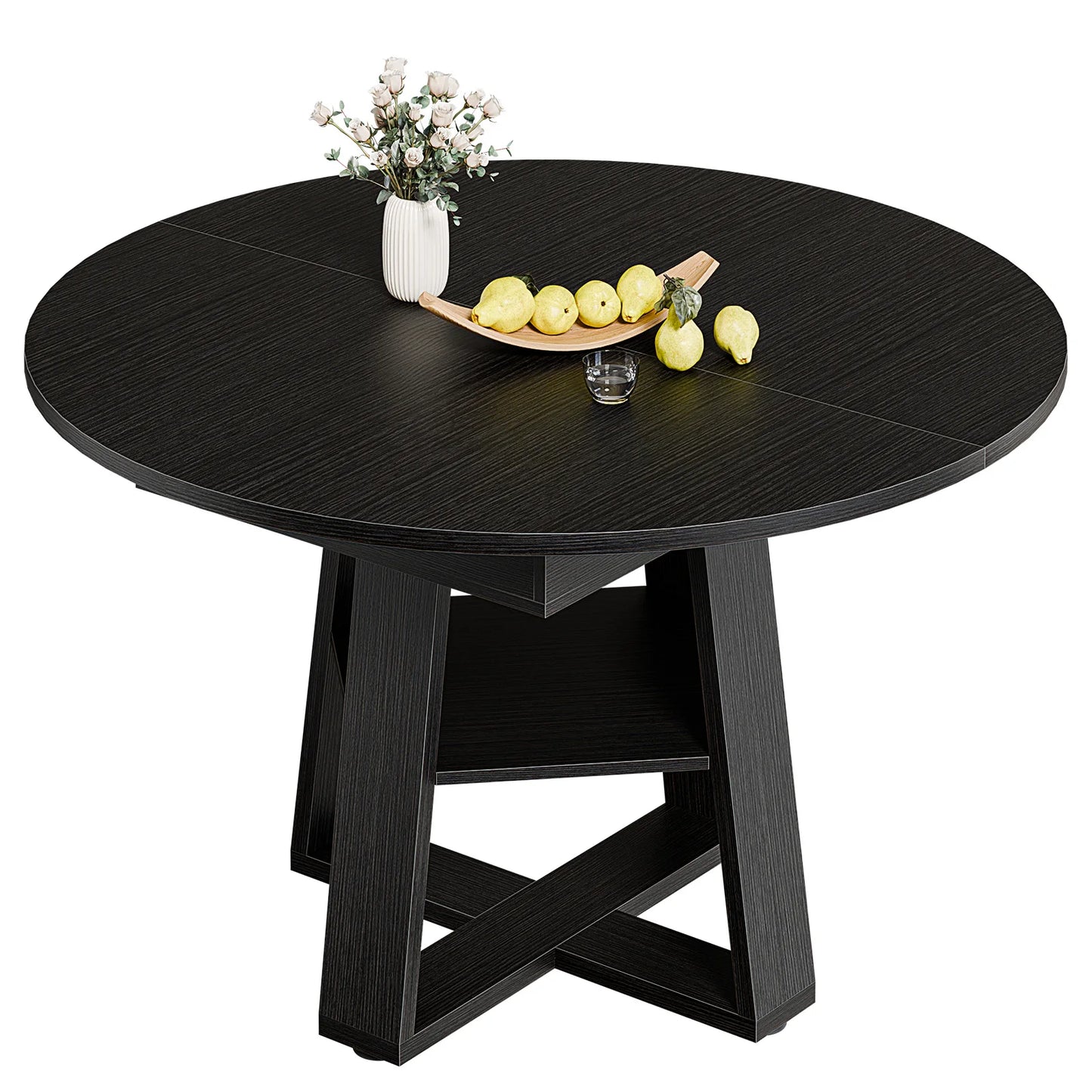 JHK Extendable Wood Round Dining Table With Storage Shelf
