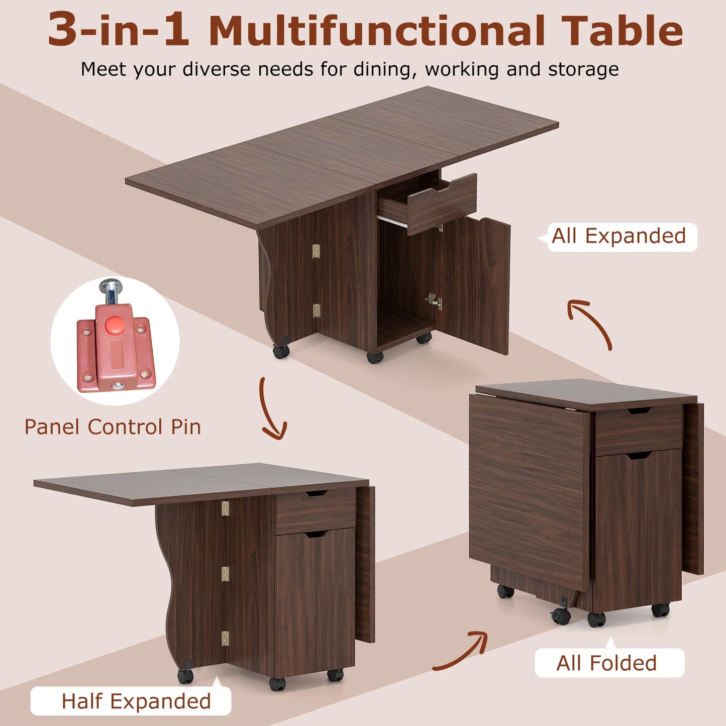 HOMASIS Folding Dining Table With Lockable Wheels And 2 Drawers