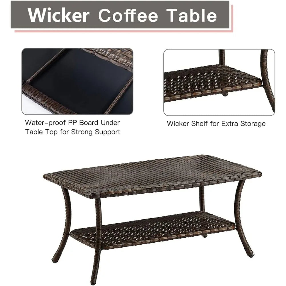 Rattan Outdoor Coffee Table With 2-Layer Storage Durable PE Wicker
