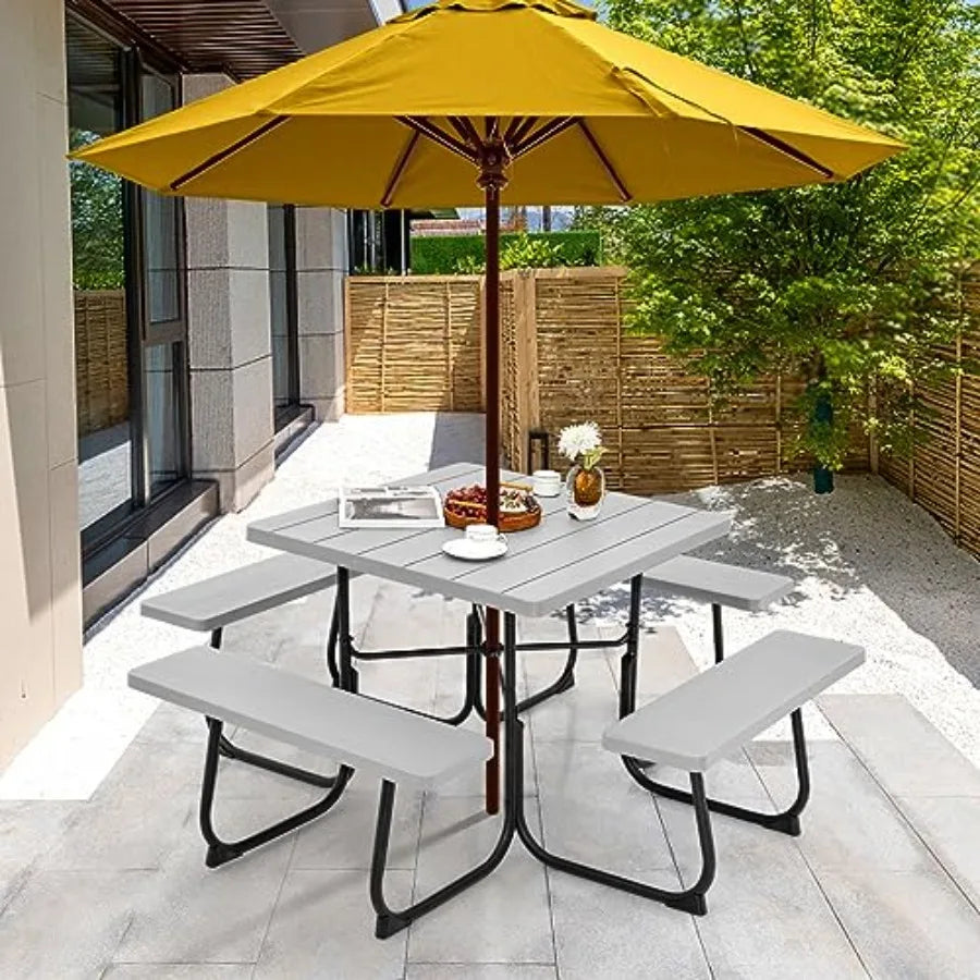 8 Person Picnic Table, Outdoor Picnic Table with 4 Built-in Benches, Umbrella Hole, Metal Frame and HDPE Tabletop, Outside Tabl