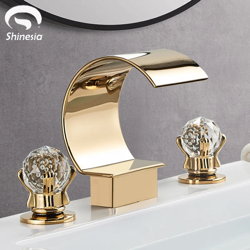 Shinesia Luxury Golden Bathroom Basin Faucet for Vessel Sink Crane Waterfall Hot and Cold Water Mixer Tap Dual Cristal Handle