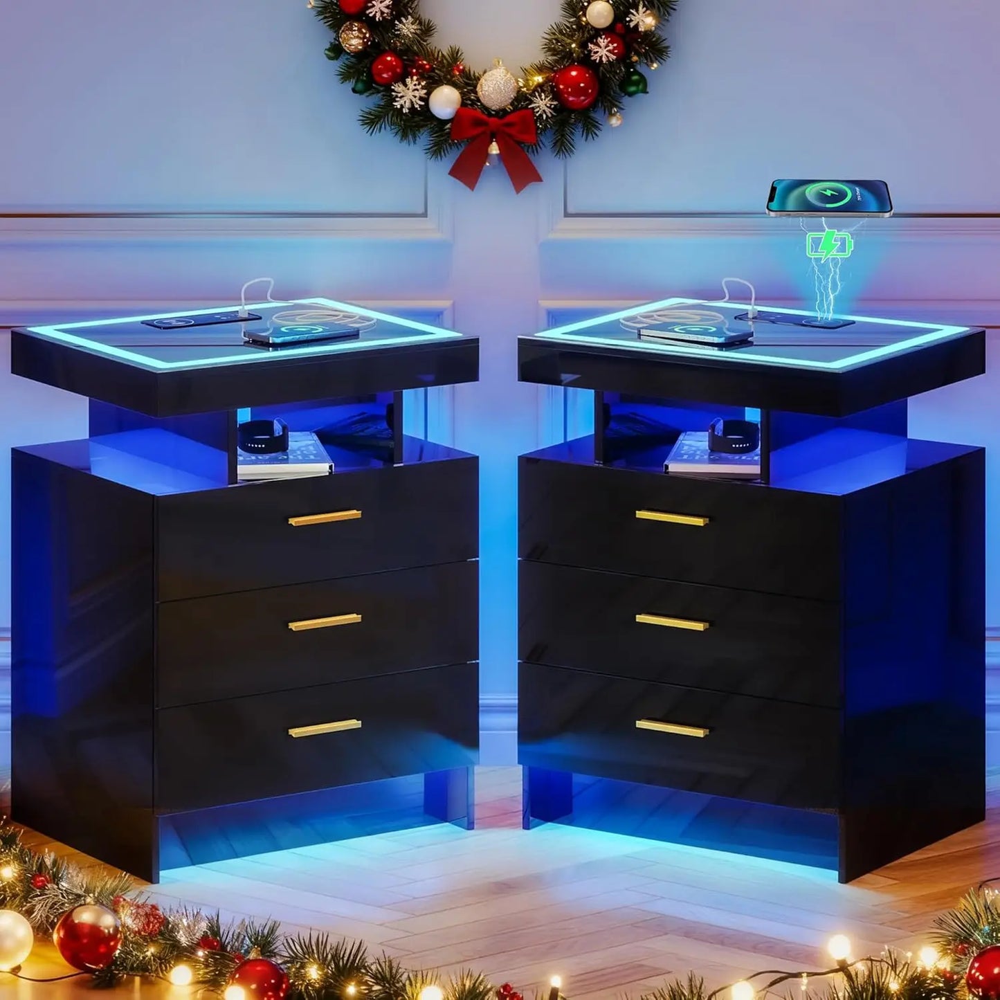 Nightstand With Wireless Charging And Auto Sensor LED End Table