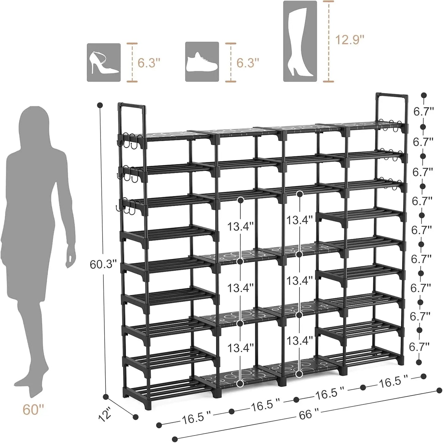 9 Tier Shoe Rack Organizer For Entryway With Removable Hooks