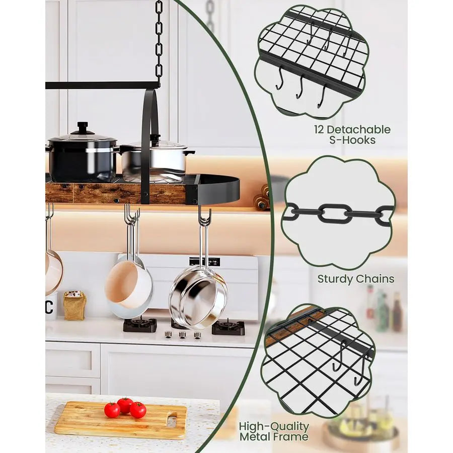 Ceiling Mounted Pot Rack With 12 S-Shaped Hooks For Kitchen Storage