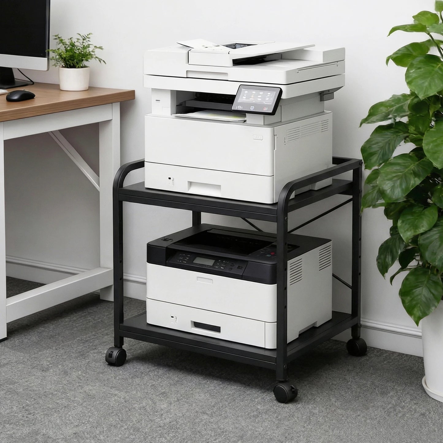 2 Tier Under Desk Printer Stand with Storage, 20" Deep Printer Table with Height Adjustable Shelf, Rolling Printer Cart with Wheels for Home Office