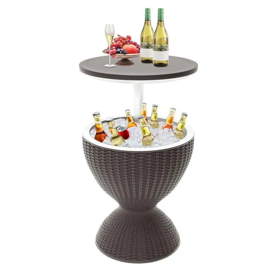 Patio Cool Bar Table, HeightAdjustable Outdoor Bar Tables 8 Gallon Beer and Wine Cooler, 3in1 Rattan Style Ice Cooler with Drai