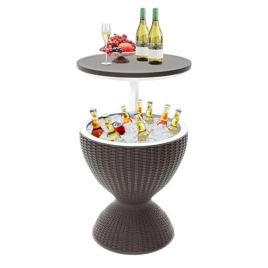 Patio Cool Bar Table, HeightAdjustable Outdoor Bar Tables 8 Gallon Beer and Wine Cooler, 3in1 Rattan Style Ice Cooler with Drai