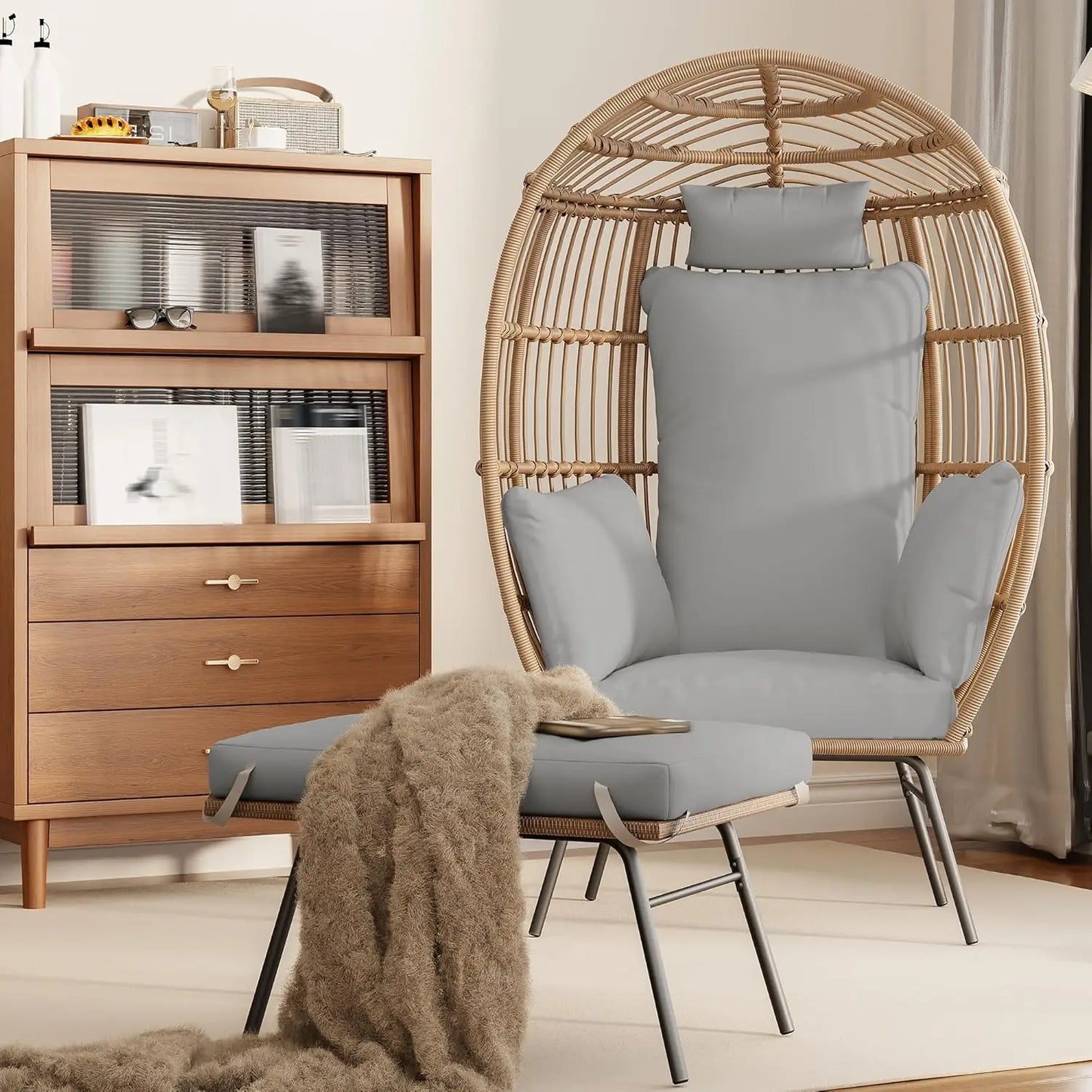 Wicker Egg Chair With Ottoman For Outdoor Patio Cushions