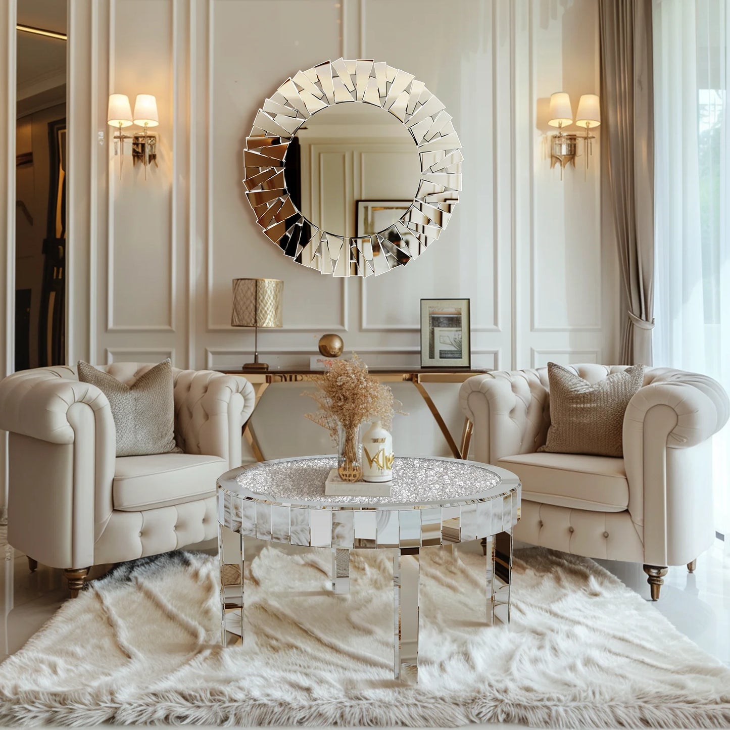 Mirrored Coffee Table With Crystal Inlay Modern Glass Surface