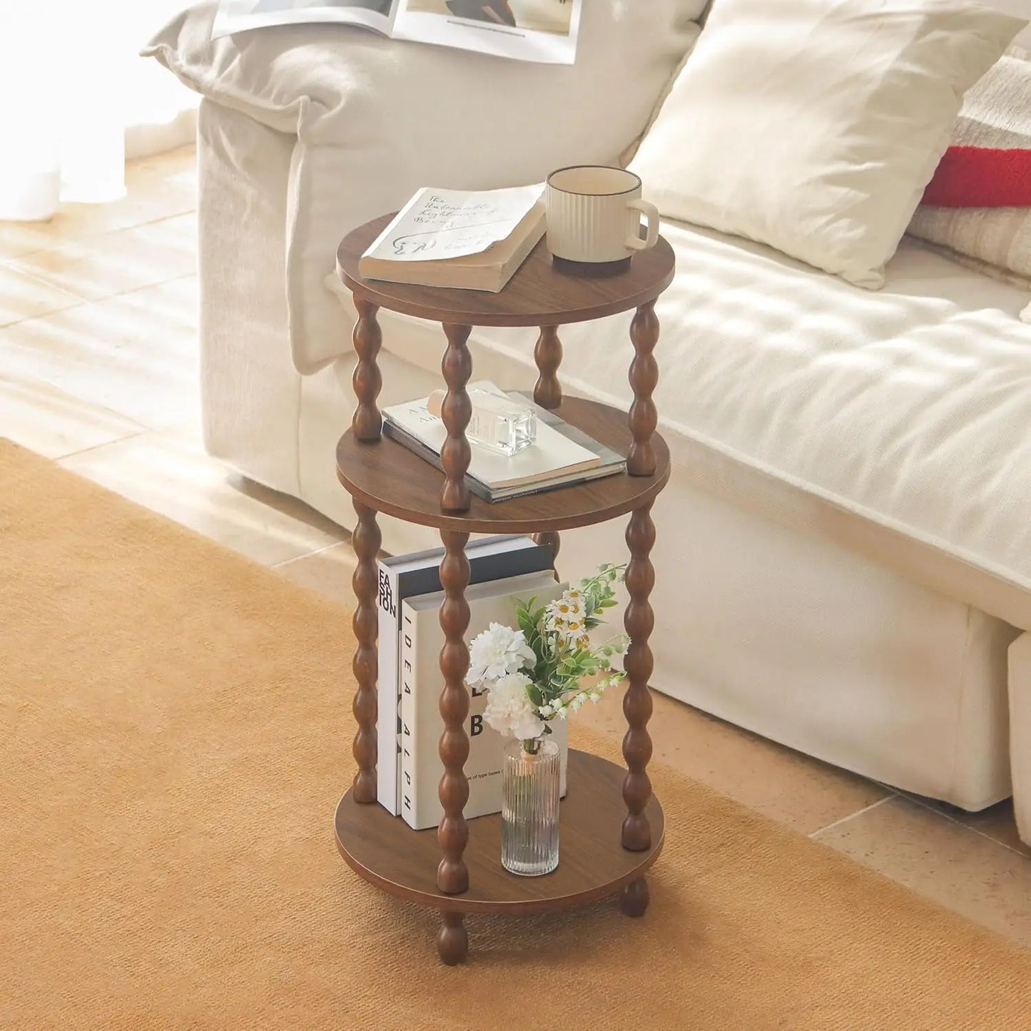 Round End Table With 3 Tier Shelf Wood Accent Nightstand