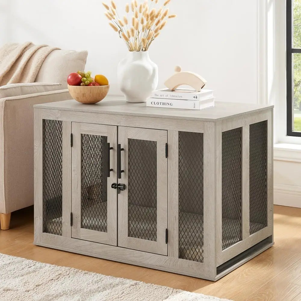 Furniture Style Dog Crate With Cushion Tray And Double Doors