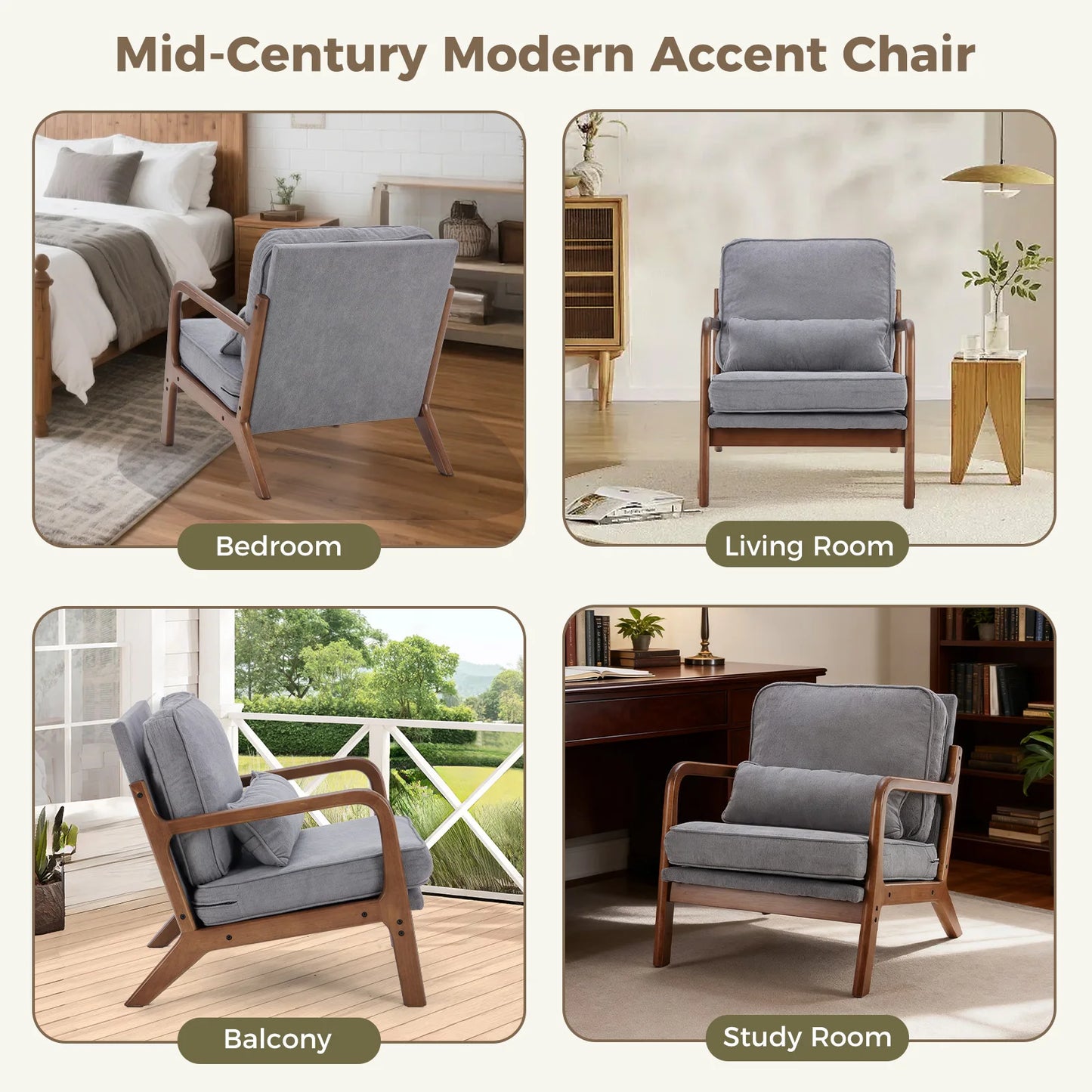 JHK Mid Century Modern Armchair With Wood Frame Cushion
