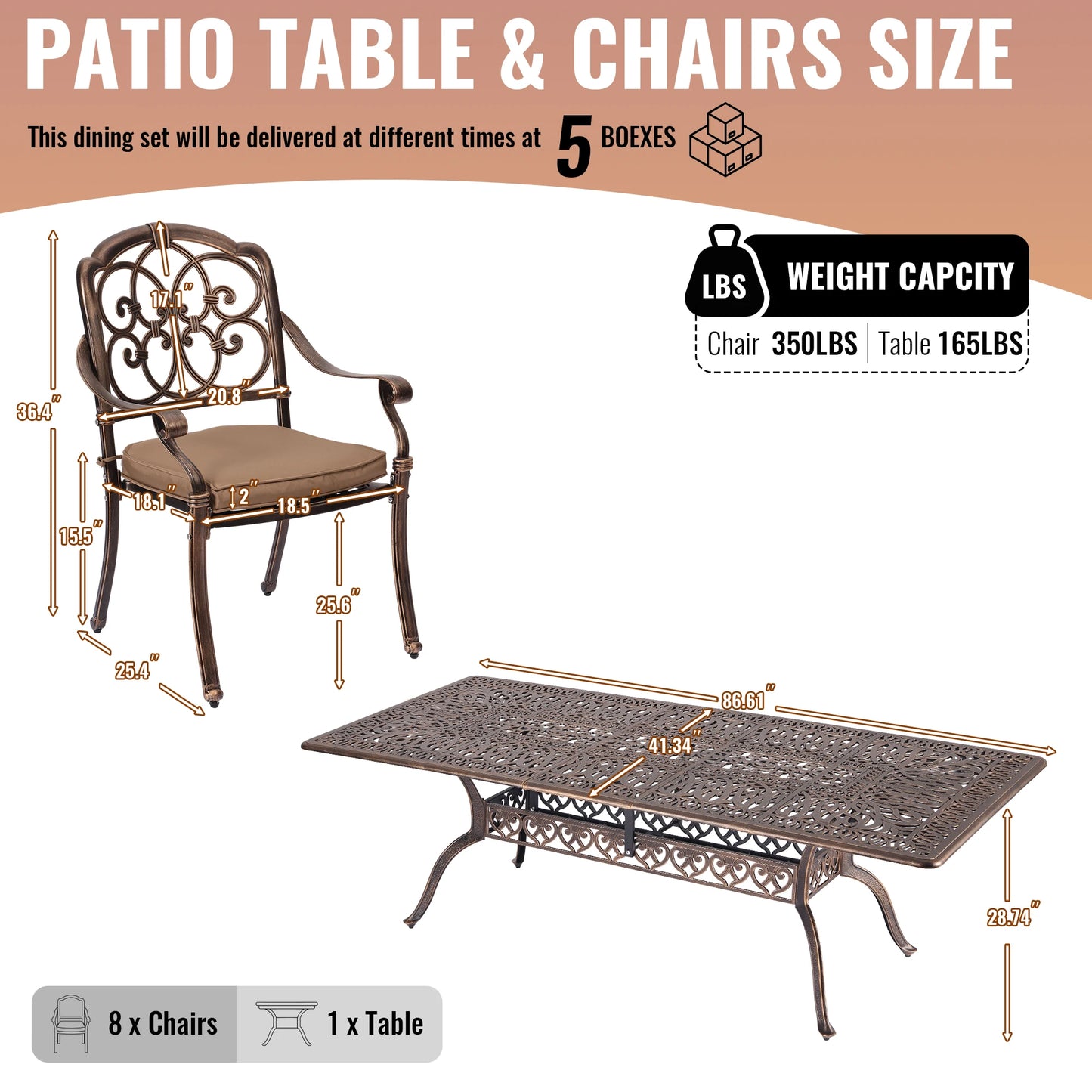 9-Piece Outdoor Patio Dining Set for 8 with Umbrella Hole, 86.6" Oval Cast Aluminum All-Weather Outdoor Table and Chairs with Cu