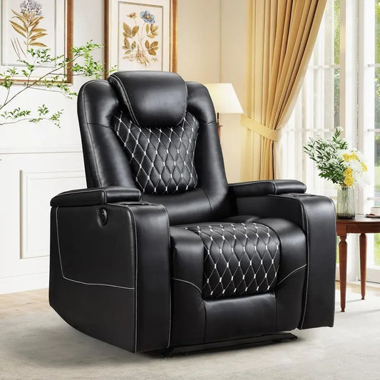 Black Leather Power Recliner with USB & Cup Holders, Home Theater Seating with Storage