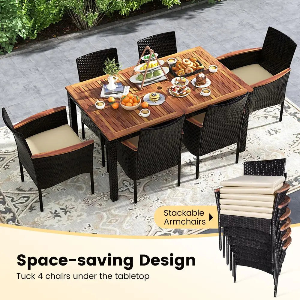 Outdoor Dining Set for 6, PE Rattan Wicker Patio Furniture Set with Wood Table amp Cushioned Armchairs, 1.96 Umbrella Hole, -HOT