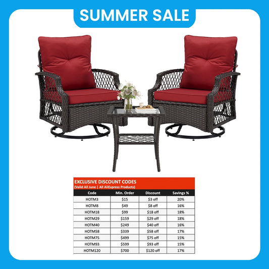 Farini 3-Piece Swivel Patio Bistro Set, Wicker Furniture, Swivel Glider Chairs with Cushions & Table,All-Weather Rattan, Porch