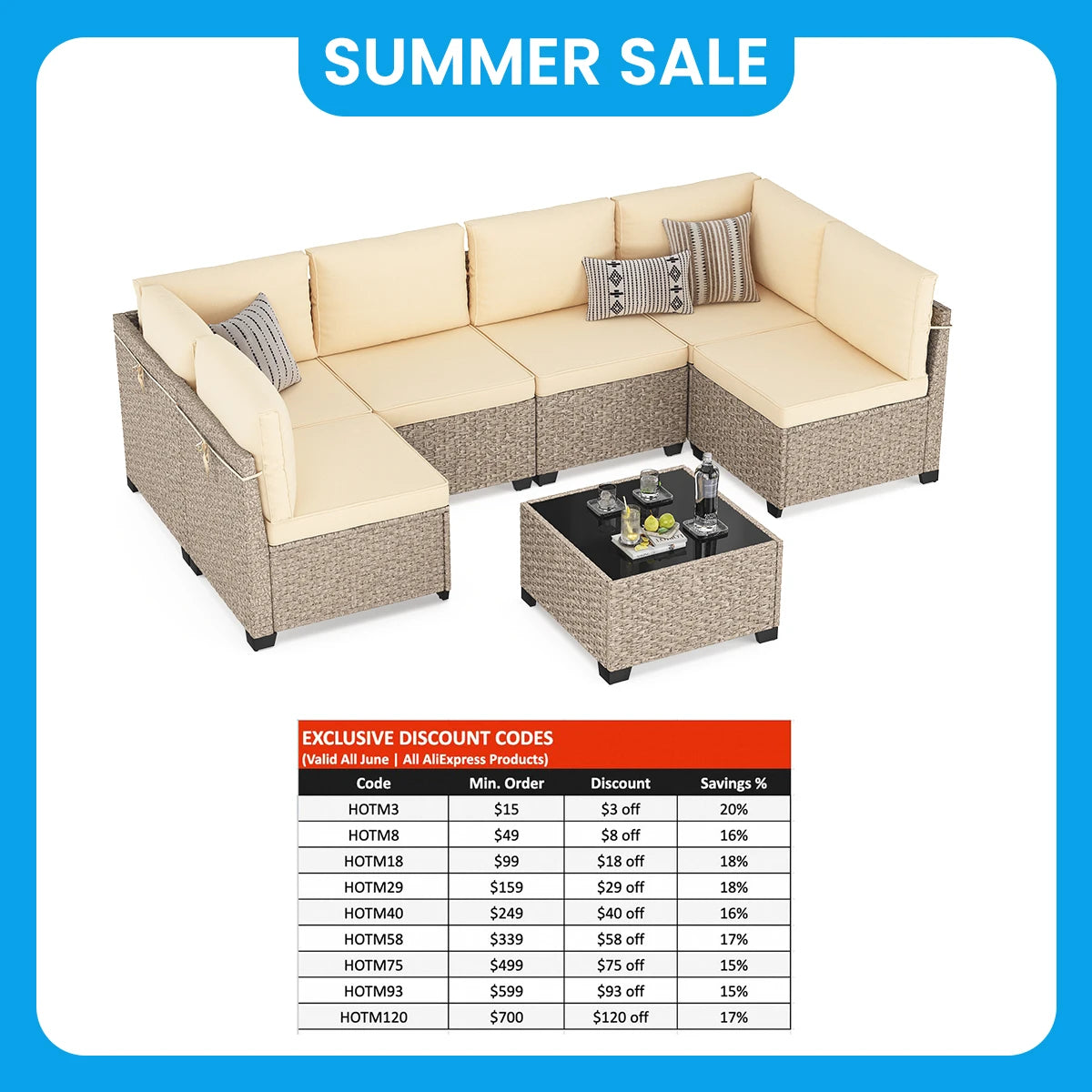 7-Piece Patio Furniture Set, Outdoor Rattan Sectional Sofa with Tempered Glass Table, All-Weather, for Garden, Porch, Backyard