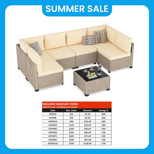 7-Piece Patio Furniture Set, Outdoor Rattan Sectional Sofa with Tempered Glass Table, All-Weather, for Garden, Porch, Backyard