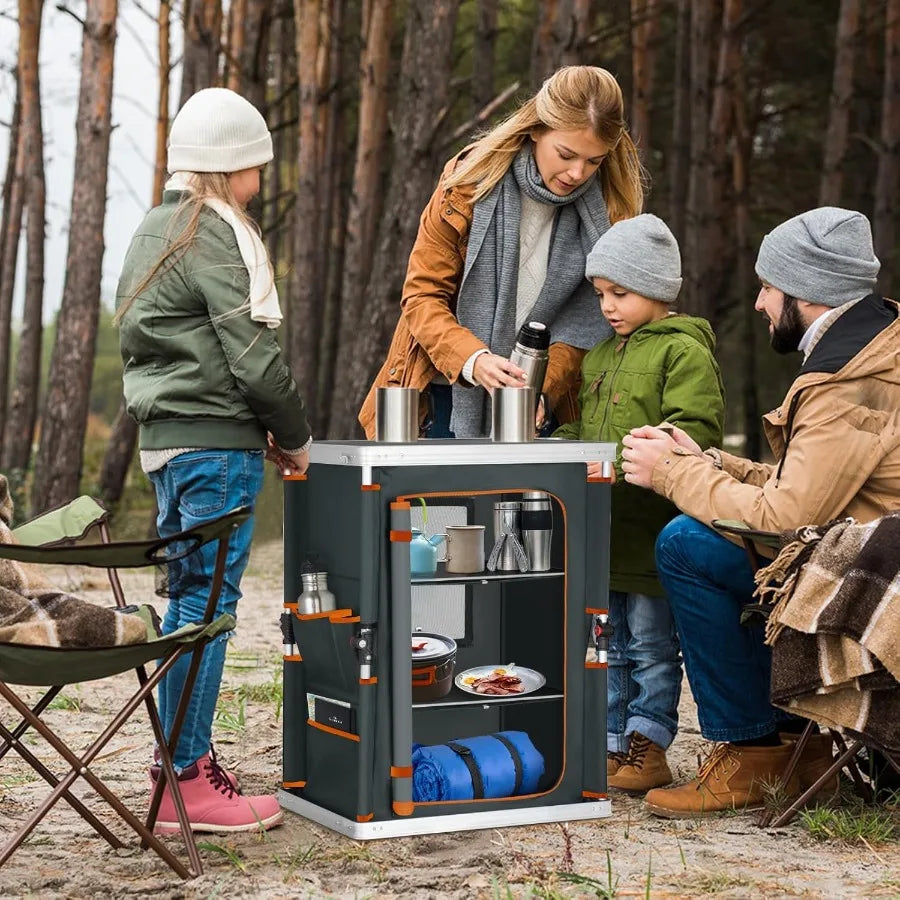 Portable Folding Camping Table With Tiered Storage And Side Pockets