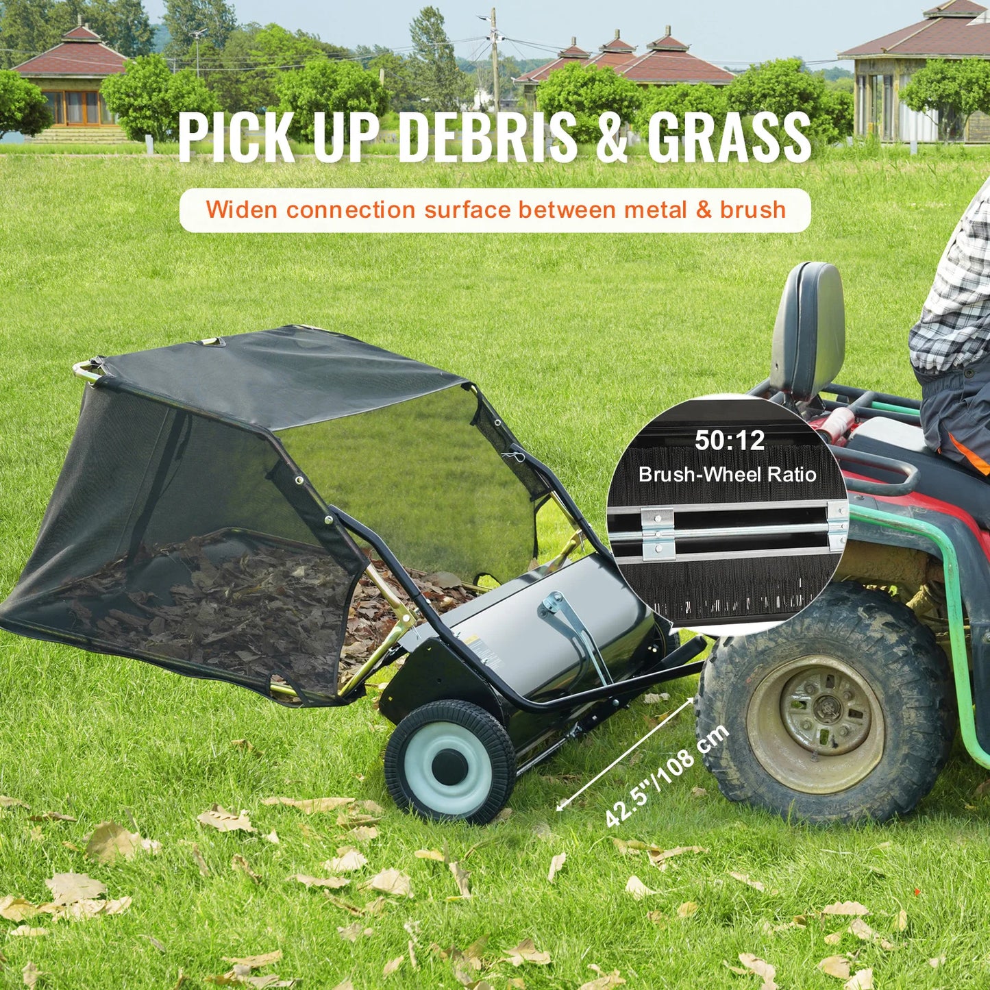 SucceBuy Tow Behind Lawn Sweeper Large Capacity Heavy Duty Leaf Grass Collector