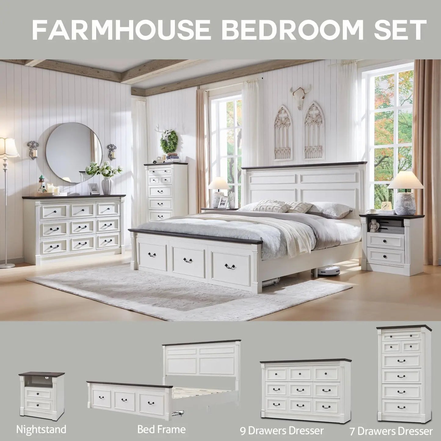 Farmhouse 7 Drawers Dresser for Bedroom, 57" Tall Dressers & Chests of Drawers w/Roman Column, Large Storage Dressers