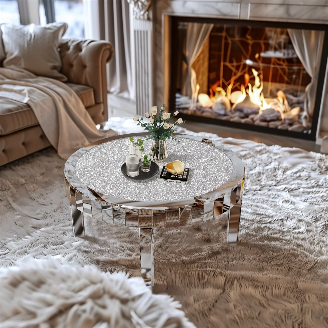 ARTLOGE Modern Mirrored Round Coffee Table With Glass Top
