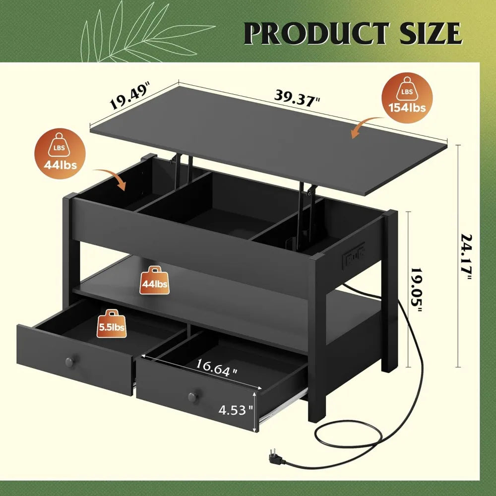 Lift Top Coffee Table With Drawers And LED Light Storage