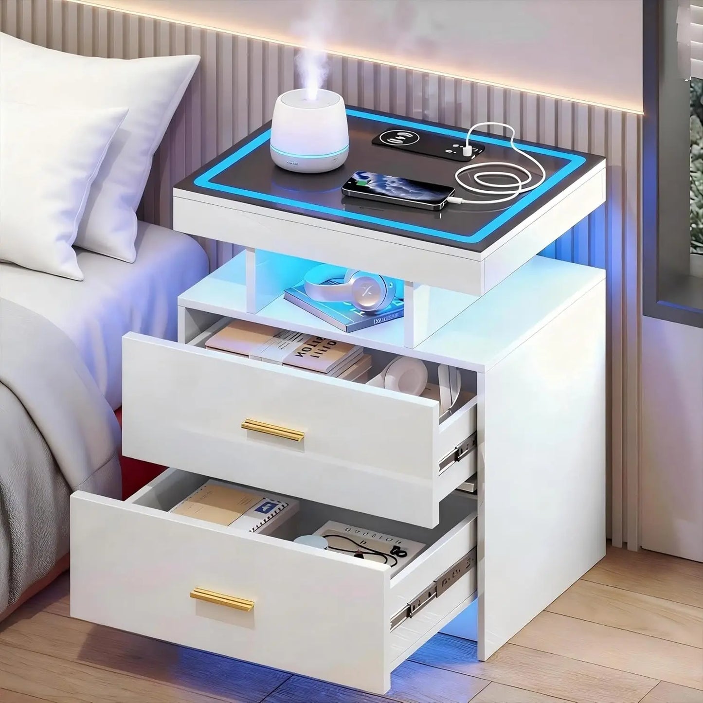 Nightstand With Wireless Charging And Auto Sensor LED End Table