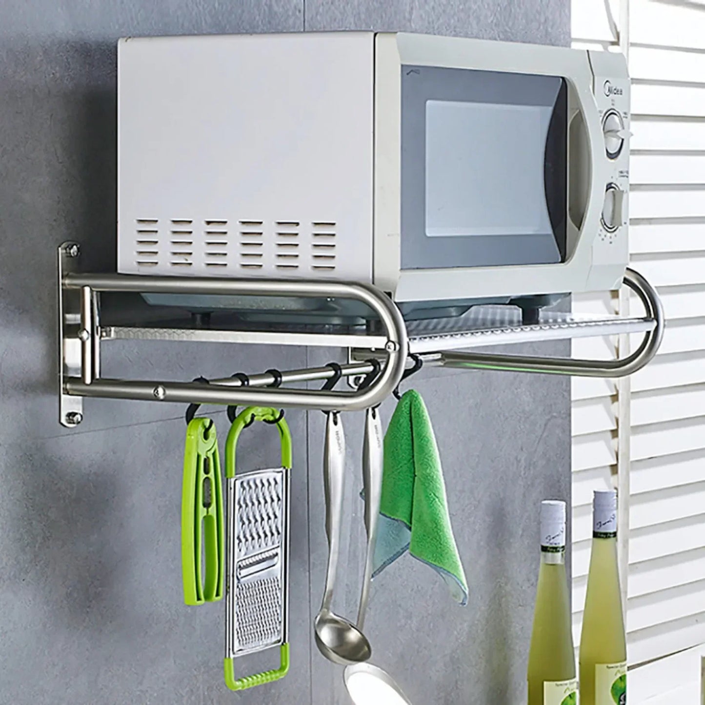 Stainless Steel Wall Mount Utensil Shelf With 6 Hooks