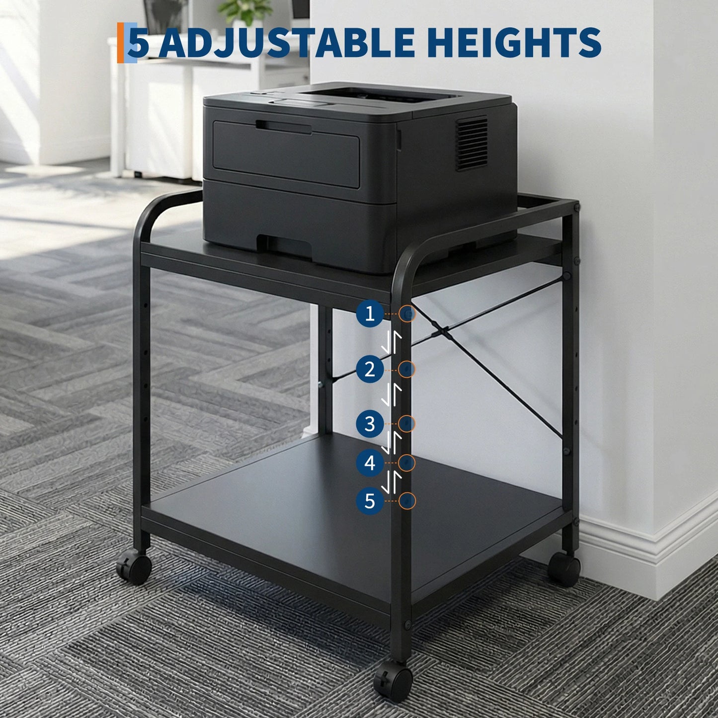 2 Tier Under Desk Printer Stand with Storage, 20" Deep Printer Table with Height Adjustable Shelf, Rolling Printer Cart with Wheels for Home Office