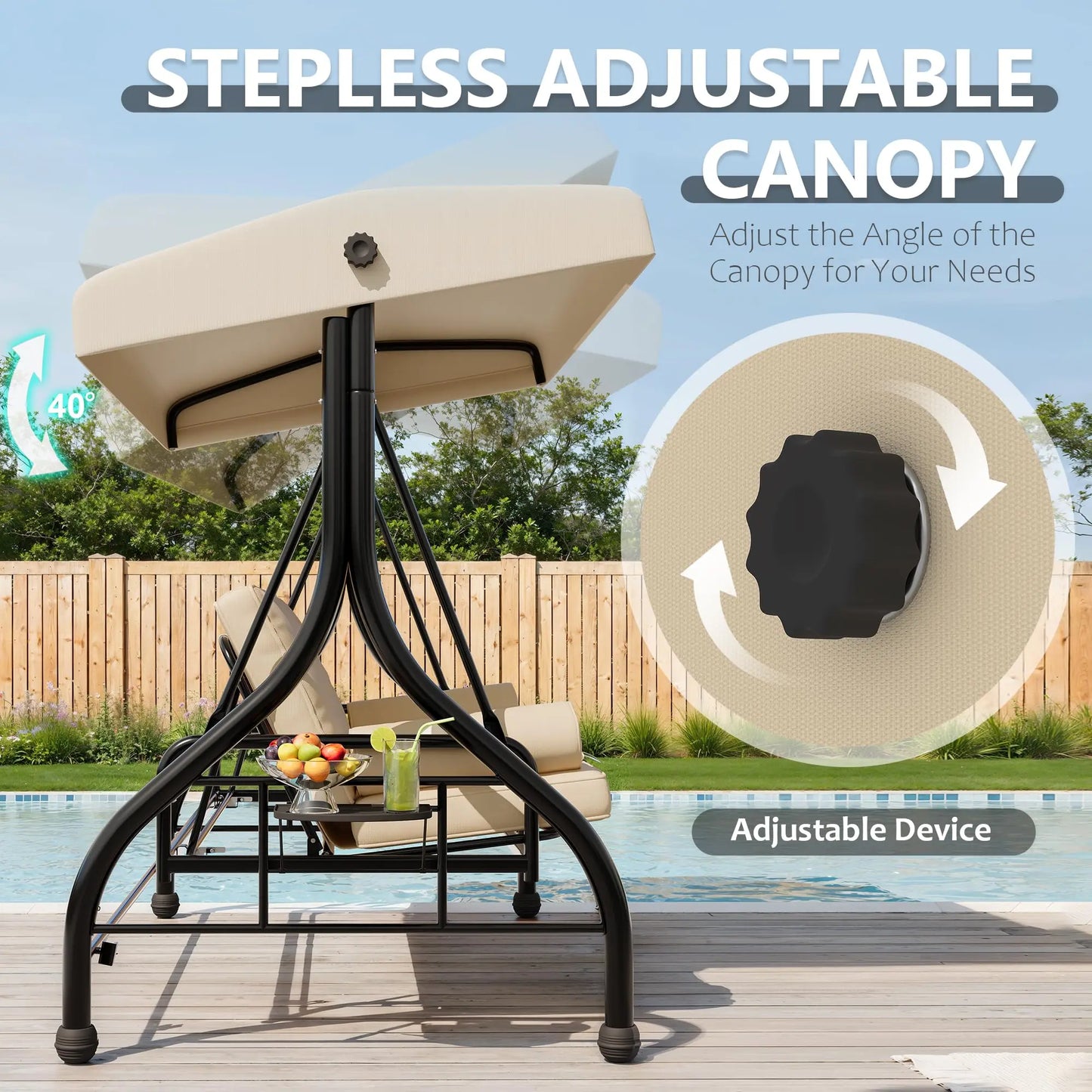 HiMISS 3-Seat Outdoor Porch Swing With Adjustable Canopy