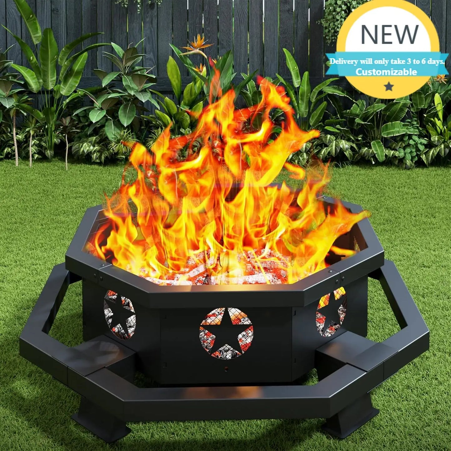 45 Inch Fire Pit for Outside Wood Burning, Outdoor Octagonal Fire Pit with Poker, Large Firepit for Camping, Backyard, Patio