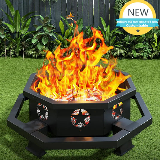45 Inch Fire Pit for Outside Wood Burning, Outdoor Octagonal Fire Pit with Poker, Large Firepit for Camping, Backyard, Patio