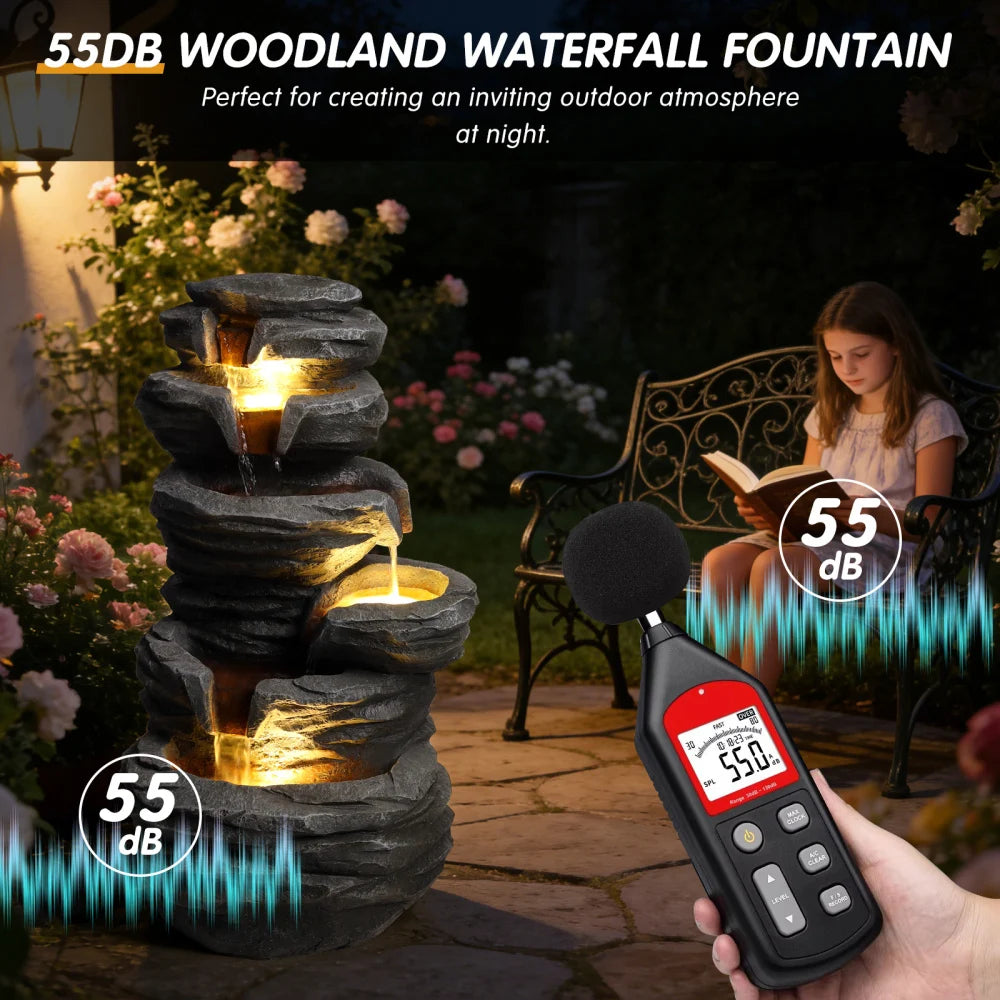 Outdoor Waterfall Fountain with Lights Stacked Rock Cascading Water Feature Resin Garden Decor for Patio Yard Porch Landscape