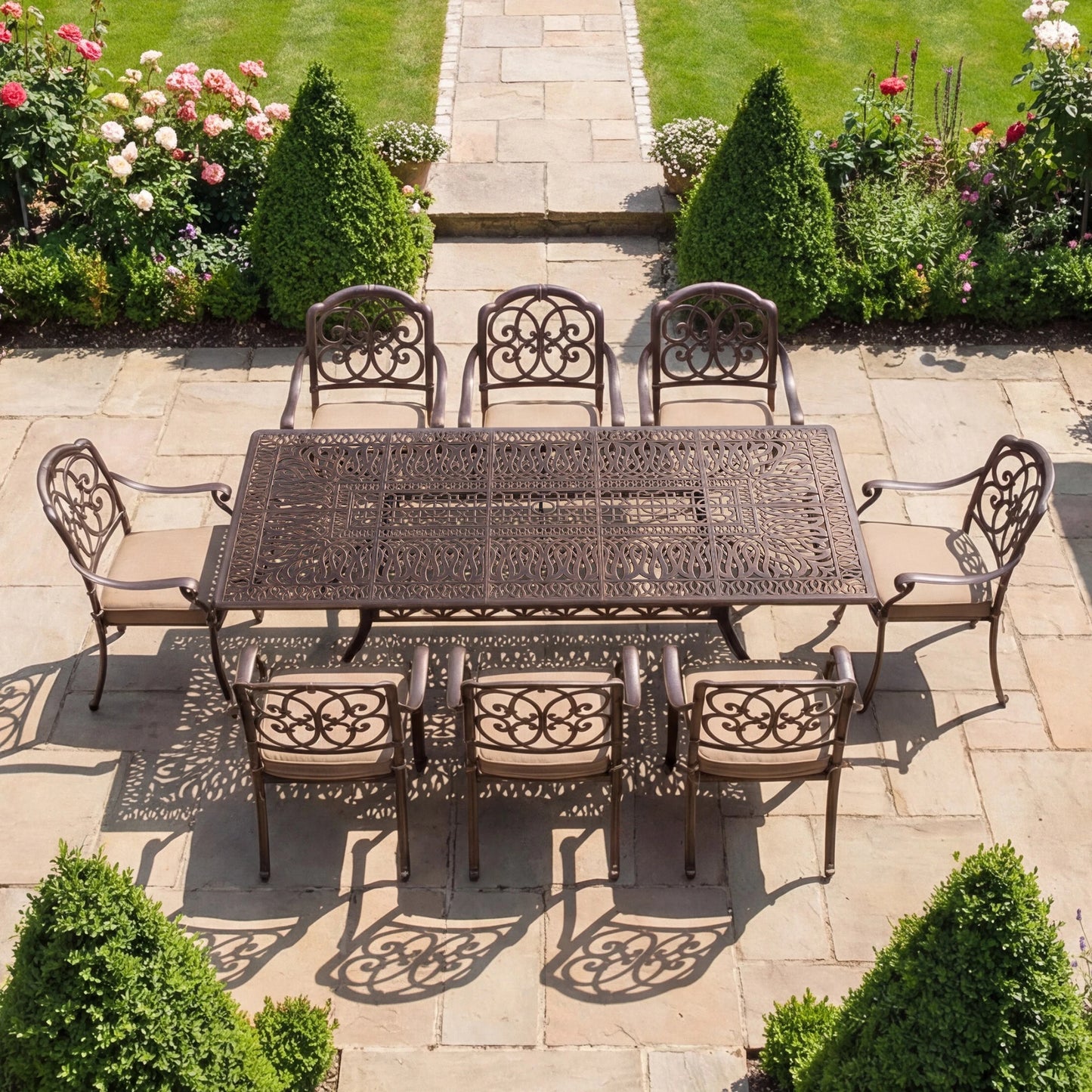 9-Piece Outdoor Patio Dining Set for 8 with Umbrella Hole, 86.6" Oval Cast Aluminum All-Weather Outdoor Table and Chairs with Cu