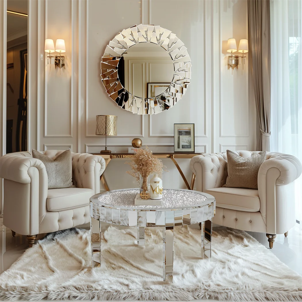 ARTLOGE Modern Mirrored Round Coffee Table With Glass Top