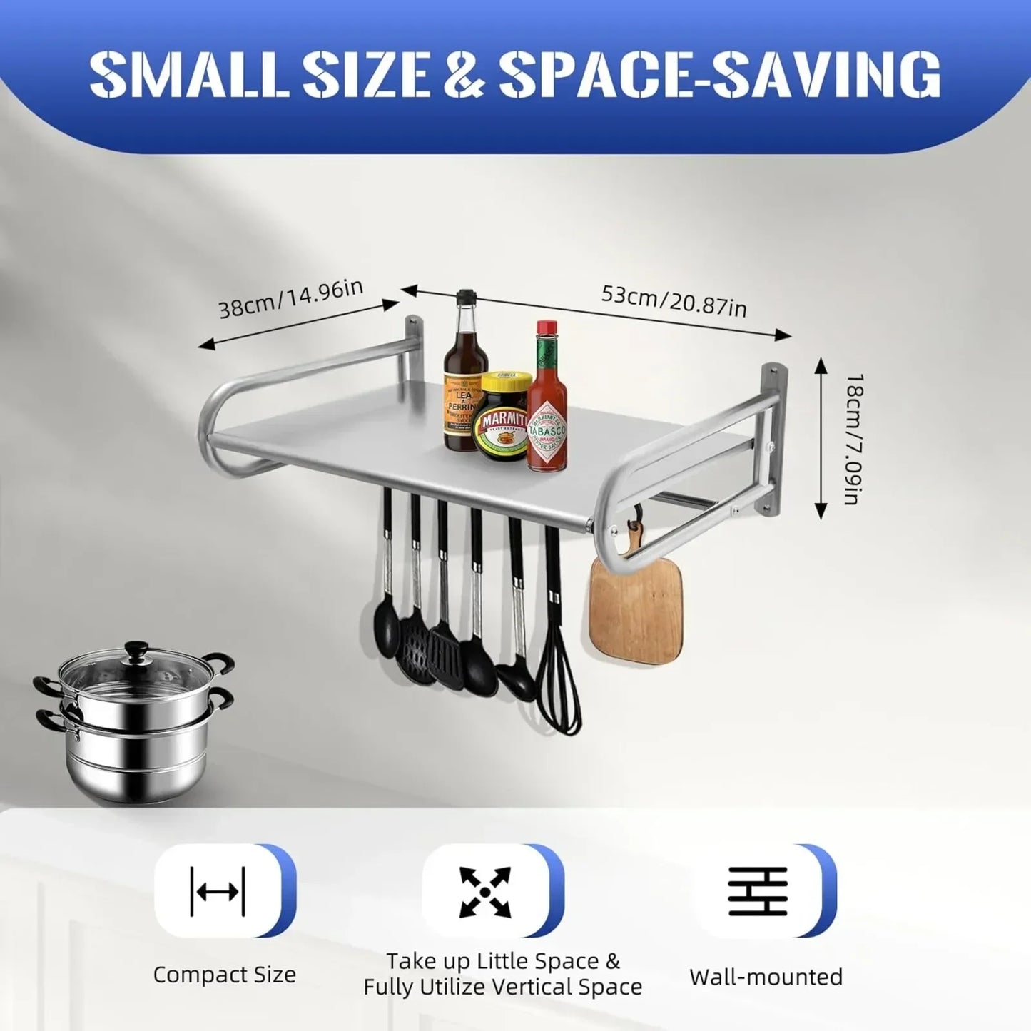 Stainless Steel Wall Mount Utensil Shelf With 6 Hooks