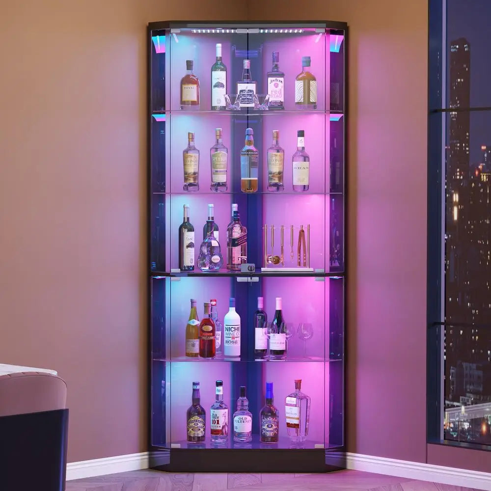 Corner Display Cabinet with RGB Lights and Glass Doors,5Tier Showcase Display Case with Glass Shelves amp Human Body Sensor,Cor