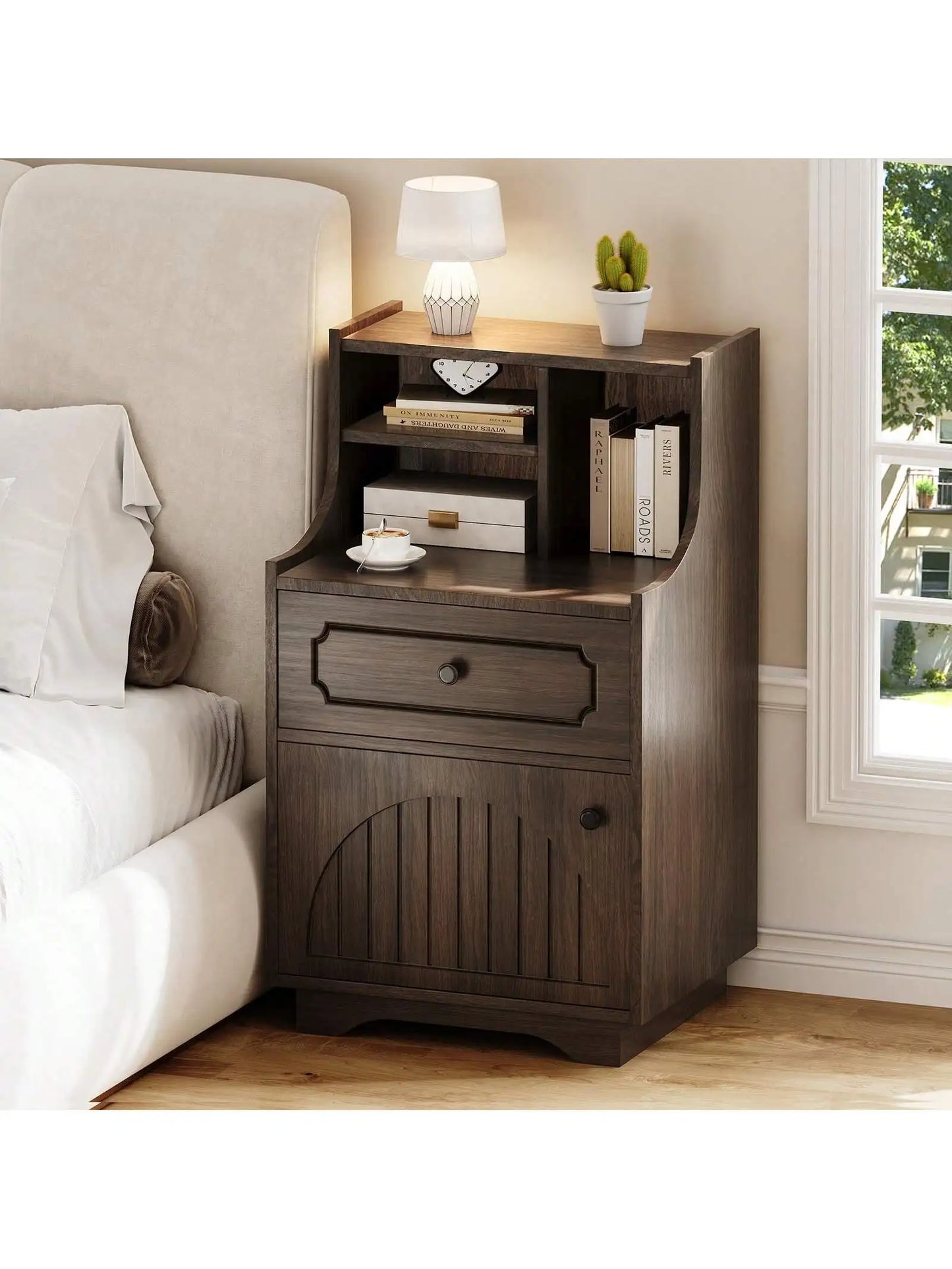 Farmhouse Modern Nightstand With Drawers And Barn Door Storage