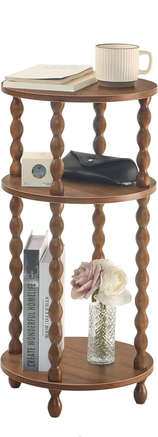 Round End Table With 3 Tier Shelf Wood Accent Nightstand