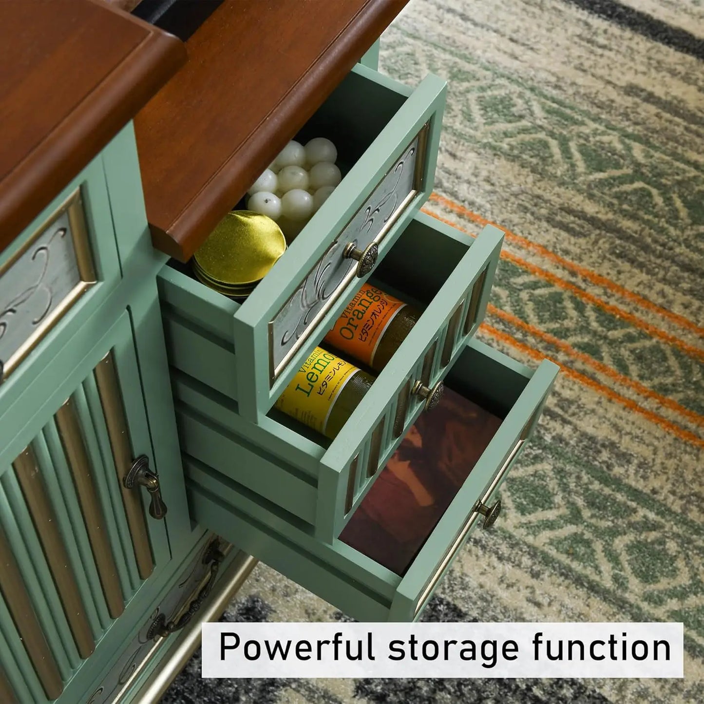 Vintage Accent Chest with 5-Drawers and Door Carved Wood Storage Cabinet for Living Room, Entryway, Hallway, Sage Green