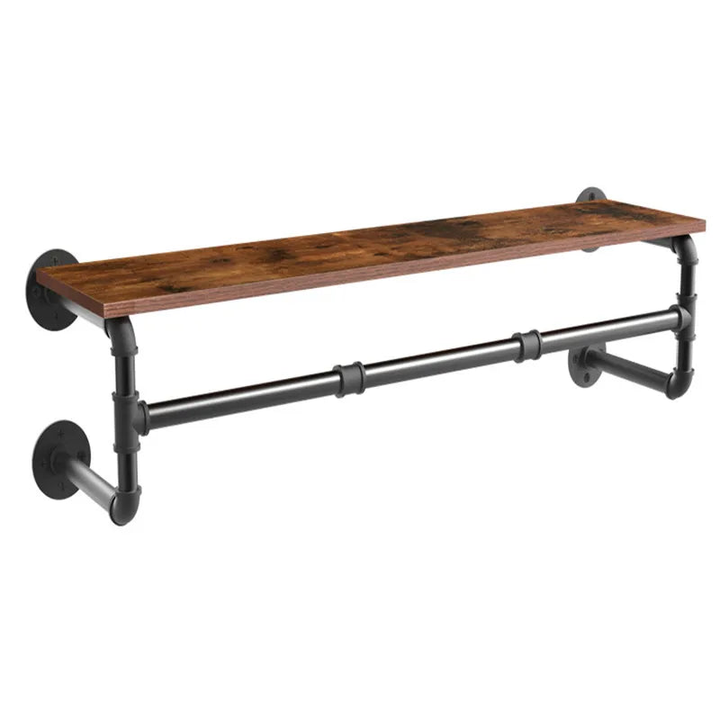Wall Mounted Industrial Pipe Clothes Rack With Wood Shelf Storage