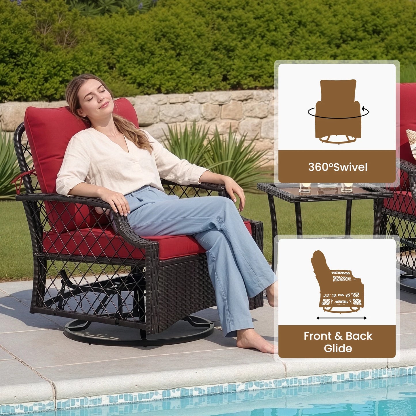 Farini 3-Piece Swivel Patio Bistro Set, Wicker Furniture, Swivel Glider Chairs with Cushions & Table,All-Weather Rattan, Porch