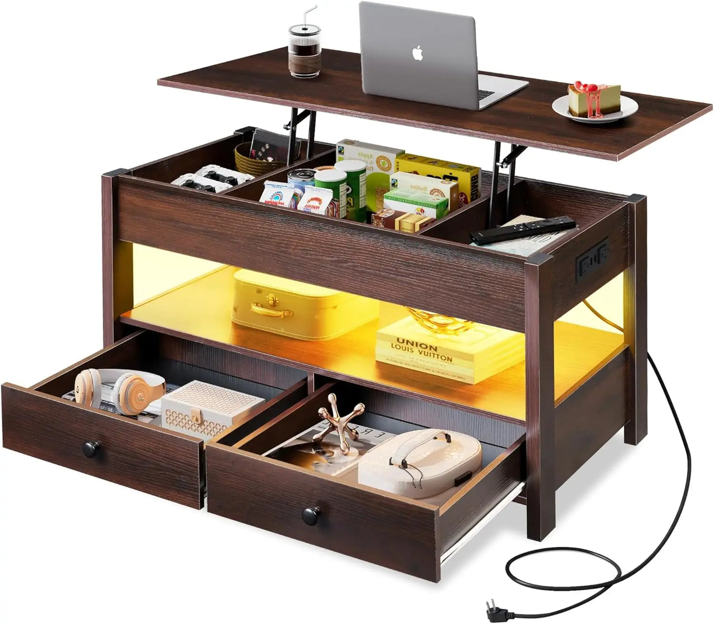 Lift Top Coffee Table With Drawers And LED Light Storage