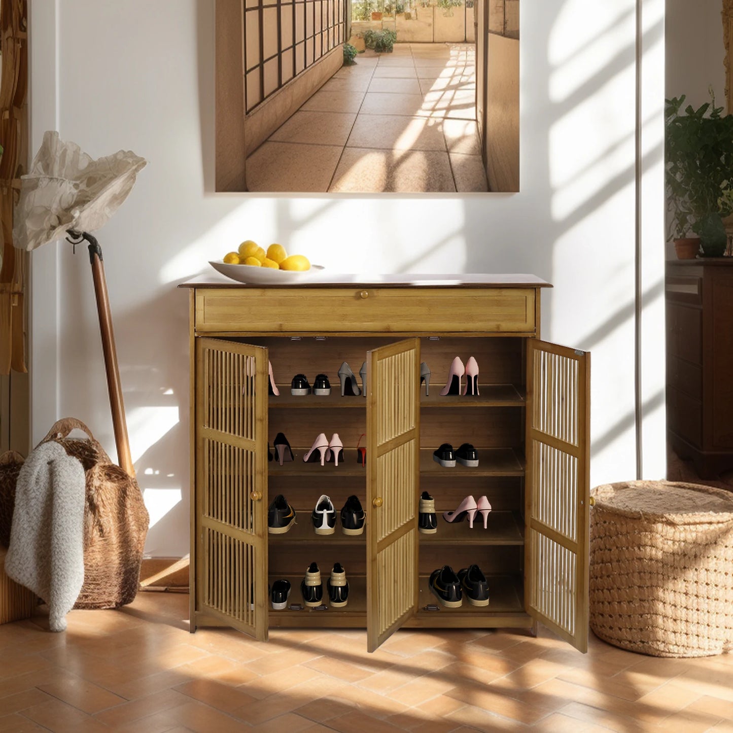 Vintage Bamboo Shoe Rack 4 Tier Cabinet Entryway Organizer
