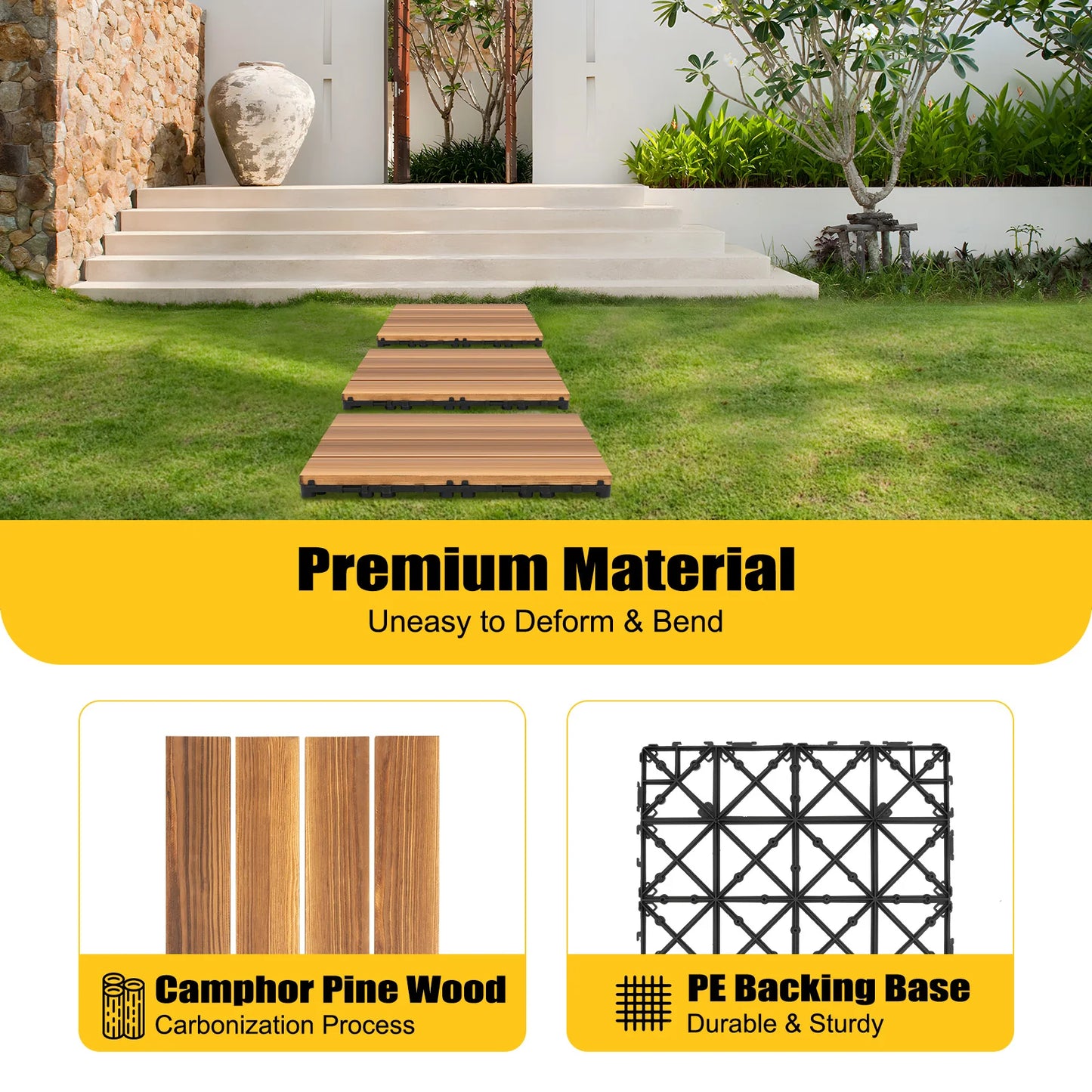 36 PCS 12"x12" Solid Wood Floor Tile Non-slip Waterproof Hardwood Interlocking Deck Tiles Garden Balcony Outdoor Flooring Decor
