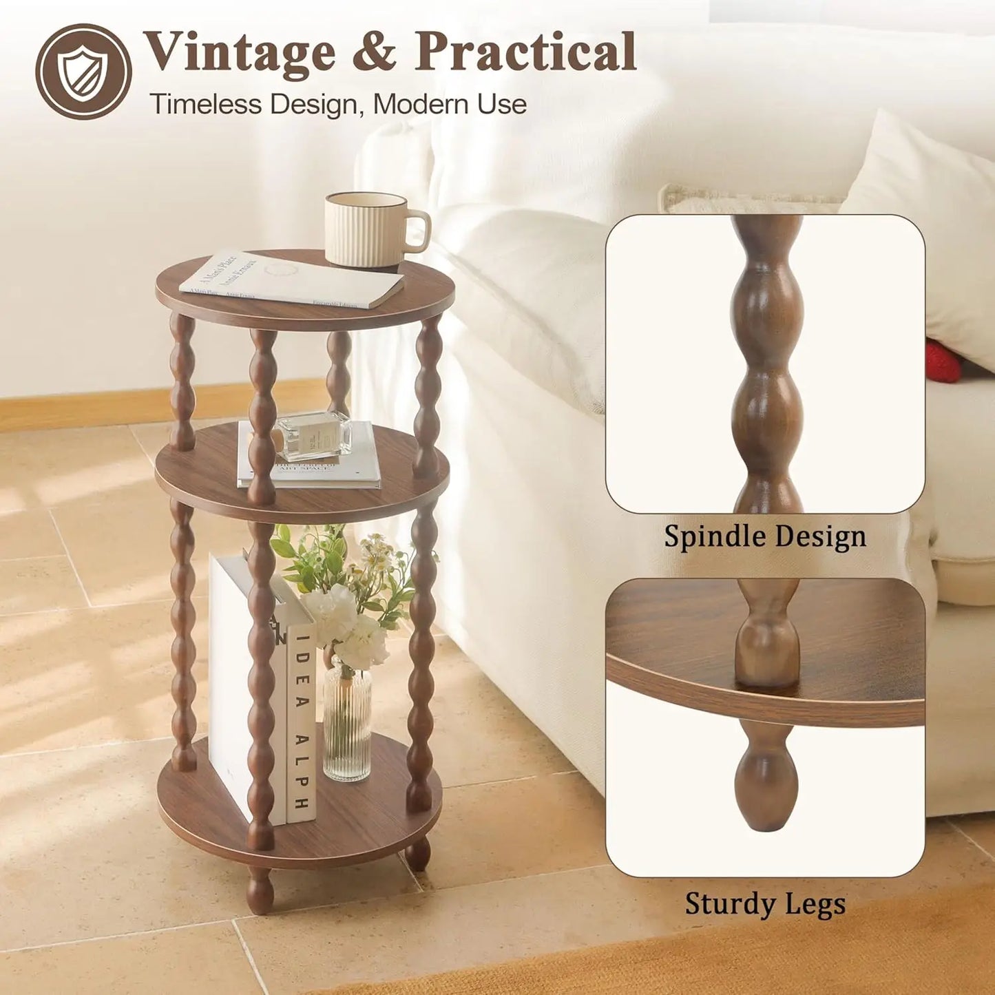 Round End Table With 3 Tier Shelf Wood Accent Nightstand