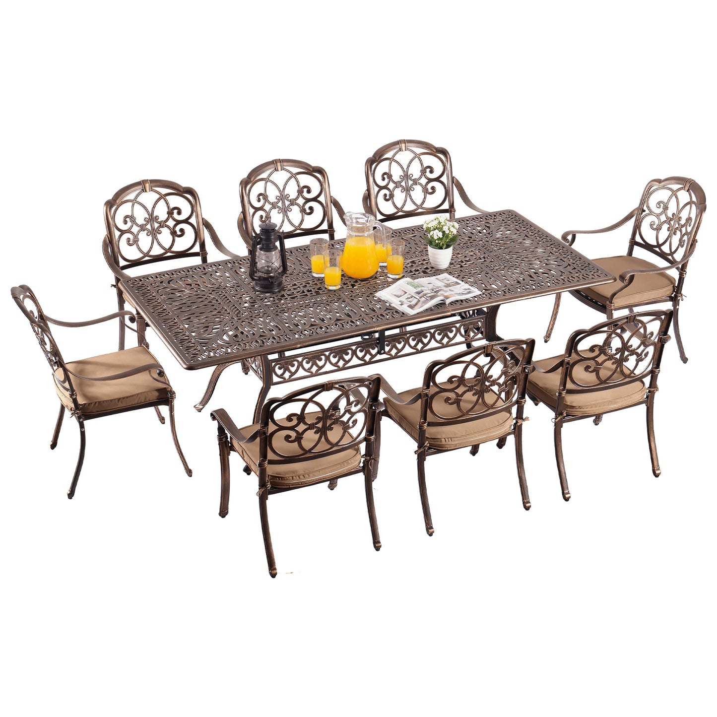 9-Piece Outdoor Patio Dining Set for 8 with Umbrella Hole, 86.6" Oval Cast Aluminum All-Weather Outdoor Table and Chairs with Cu